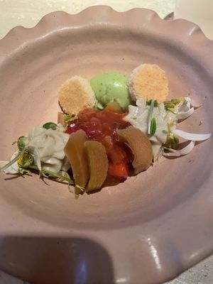 Dessert - 4 flavours into one! Pine sorbet, beetroot & strawberry, almond cream, Breton biscuits    at Bouchéry in Uccle