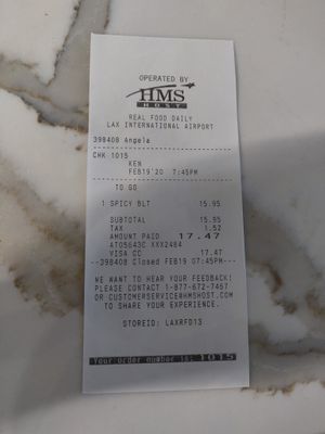 Receipt at LAX - Real Food Daily - T4 in Los Angeles