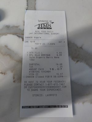 Not cheap! Just for drinks. Other receipt for a small sandwich and still hungry at LAX - Real Food Daily - T4 in Los Angeles