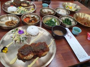 Vegan steak with mushroom sauce + side dishes at Green Bean Flower - Nogdukkoch - 녹두꽃 in Jeonju