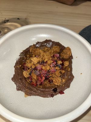 Vegan chocolate cream with olive oil and crumble  at Domo in Barcelona