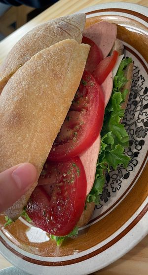 Ciabatta with vegan ham and cheese filling  at URT 유알티 in Seoul