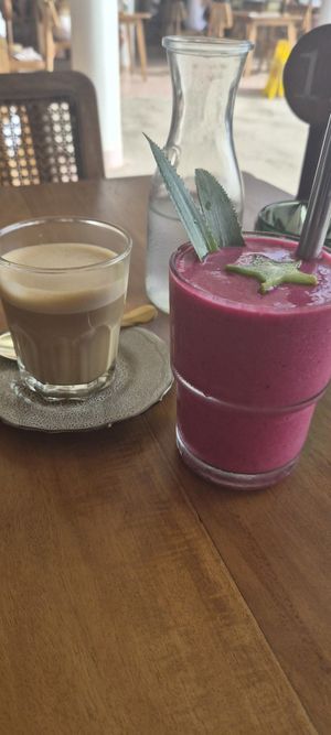 Latte with oat milk and Beets in the tropics smoothie at CACTUS Ahangama in Ahangama