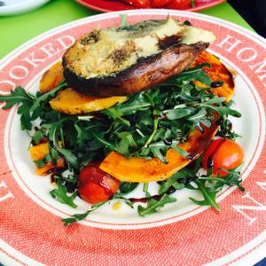 mushroom salad with vegan cheese  at The Almond Tree in Brighton