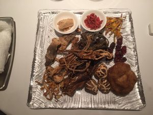 Dried ingredients for soup. On display before eating. at Cantonese en Ken Takase in Tokyo