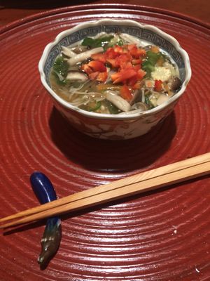 Yuba and vegetable with mushrooms soup at Itosho in Tokyo