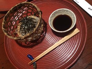 Handmade soba and sauce for dipping at Itosho in Tokyo