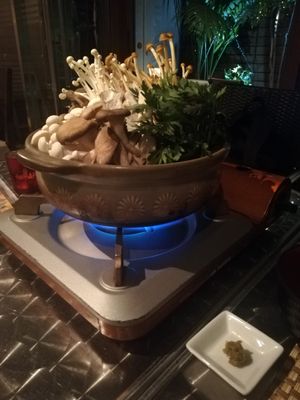 Hot pot before it started cooking at Sumi-Bio in Tokyo