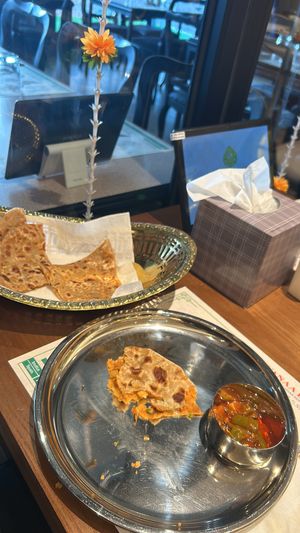 Aloo paratha with achar (pickle)  at Saravanaa Bhavan in Seoul