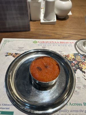 Sooji kesari made of semolina and sugar and vegan ghee  at Saravanaa Bhavan in Seoul