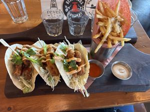 Plant-based faux fish tacos with truffle fries  at Beertown  in London