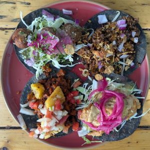 Taco Plate (Larb Tofu, Asada, Baja Fysh, and Al Pastor) at Norah - Alberta in Portland