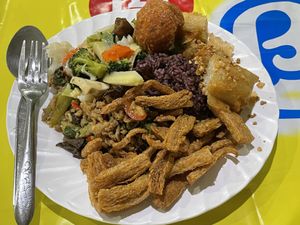 Five items from the buffet with rice, 80 baht  at Classic Lao Di Fang in Khon Kaen