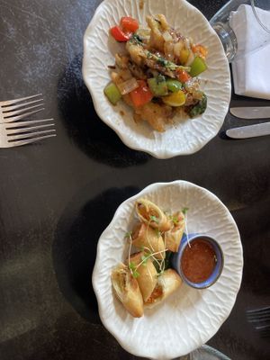 Aubergine starter and spring rolls which  at Chaophraya in Glasgow