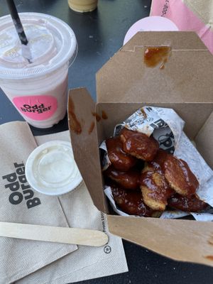 Bbq wings and strawberry shake   at Odd Burger in Vancouver