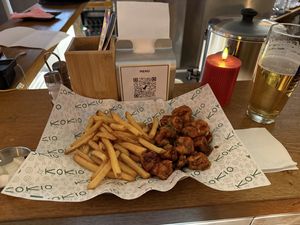 Fried Tofu with sour spicy sauce and fries.  at Kokio in Berlin