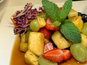 Mixed Fruit Thai Spicy Salad: Pineapple, Strawberries, Grapes, Blueberries in Thai Chili/Tamarind Sauce. (Grand Rapids Vegan Chef Challenge 9/25) at Thai Table in Grand Rapids
