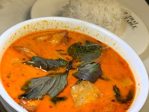 Pineapple Curry: Tofu, Pineapple, Bamboo Shoots, Carrots, Basil in Red Curry Coconut Sauce at Thai Table in Grand Rapids