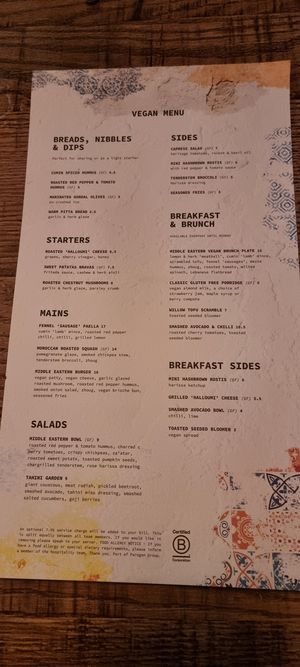 Venu menu - range of starters, mains, salads, sides, and breakfasts available. Note - we confirmed with chef that the honey they use is vegan and made from sugar syrup. at Willow  in Telford