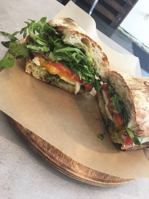 Caprese Sandwich | Cashew buffalo mozzarella, heirloom tomato, basil pesto on Ciabatta bread. at Ittle Litaly in Coral Gables