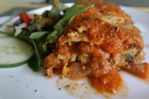 Lunch menu lasagna at Rango Vegan in Salvador