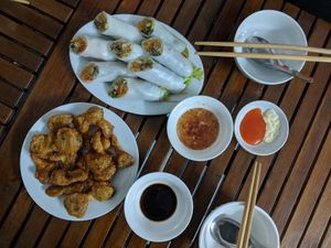 Fresh spring rolls and fried mushrooms at Yen Ninh in Dien Bien Phu