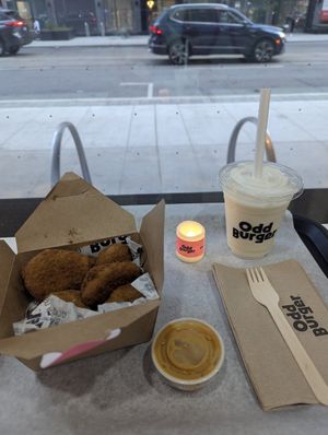 Chick'n tenders with milk shake at Odd Burger - Church St in Toronto