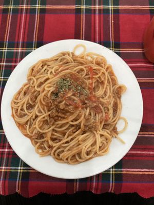 Spaghetti with tomato sauce and fake meat (very good!)  at Lin Vegan in Hai Phong