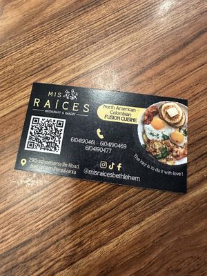 Business card  at Mis Raices in Bethlehem