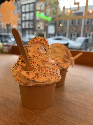 Oatly soft serve ice cream with sprinkles  at Green Farmer's in Amsterdam