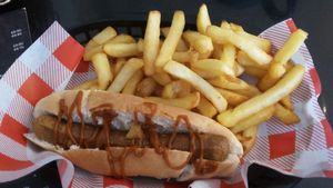 Currywurst and chips at Jumping Bean in Durham