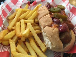 Chilli hot dog  at Jumping Bean in Durham