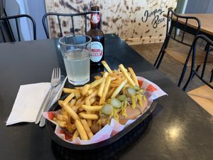 Loaded classic hotdog and fries. So good! at Jumping Bean in Durham