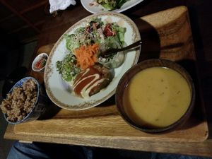 soy meat burger plate at Organic House Salute in Kyoto