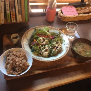 Raw spring rolls, brown rice & miso soup. Delicious and satisfying!! at Organic House Salute in Kyoto