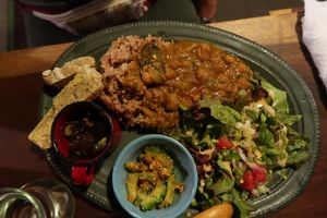 Dinner 2 - Rice and curry, fresh salad, shitake, veggies, bread. at Organic House Salute in Kyoto