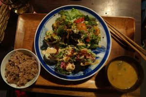 Dinner 1 - Modern sushi rolls with fresh salad, rice and soup at Organic House Salute in Kyoto