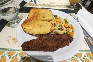 Bife de seitan. Pastel de papa. Arroz con tofu y seitan. at Govinda - Downtown in Mendoza