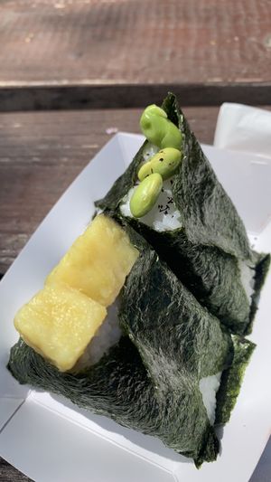 Sweet potato and Edamame omusubi  at Omusubi Bar Suzume in Toronto