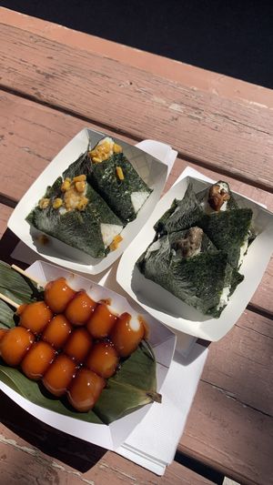 Dango and Curry corn and Eggplant and Garlic Shiitake omusubi  at Omusubi Bar Suzume in Toronto