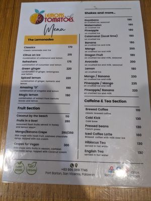 Drinks and breakfast menu at Lemons and Tomatoes in San Vicente Palawan