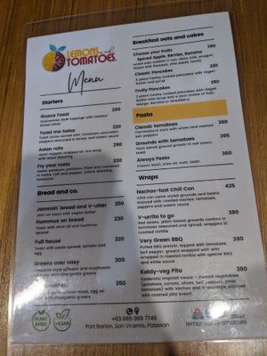 Their tested menu - pastas, burrito, avo on toast at Lemons and Tomatoes in San Vicente Palawan
