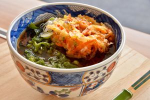 Green and yellow Templa soba at Vegan Soba Tokyo Ayler in Tokyo