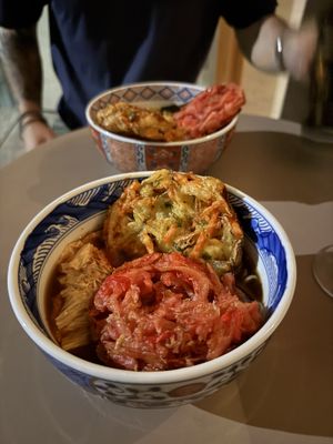 Yuba ‘egg’ soba with extra tempura  at Vegan Soba Tokyo Ayler in Tokyo