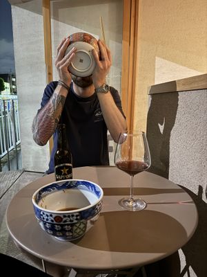 A lovely red wine in a beautiful glasss  at Vegan Soba Tokyo Ayler in Tokyo