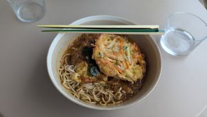 Curry with a little kick, veg-egg, and tempura at Vegan Soba Tokyo Ayler in Tokyo