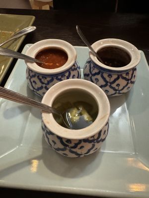 Sides of chili (because they realized we were vegan, they left out one that included fish - thoughtful and very appreciated )  at Sutha Thai Kitchen in Tustin