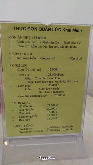 Menu (Vietnamese) at Khai Minh 1 in Ho Chi Minh City
