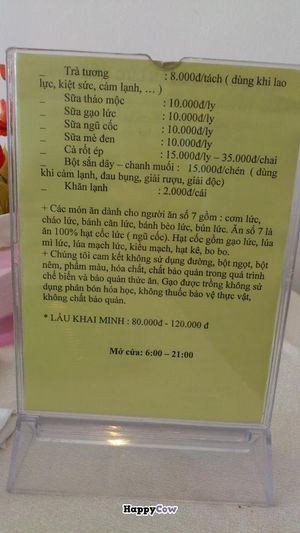 Menu at Khai Minh 1 in Ho Chi Minh City