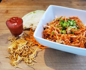 Crispy Noodle Bowl (Chinese Bhel): Fresh Shredded veggies with crunchy noodles mixed with Sweet and Spicy Chili-Garlic Sauce at Bombay Food Junkies in St Louis